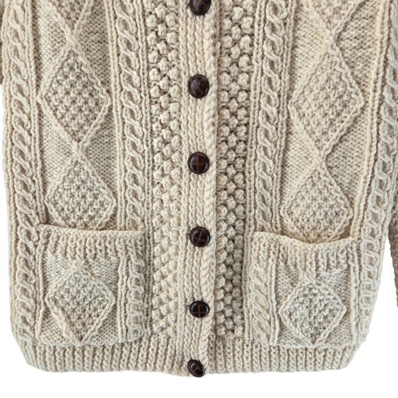 VTG Irish Knit Fisherman Sweater 100% Wool Cardigan Ivory Chunky Womens XS Small - Picture 3 of 10